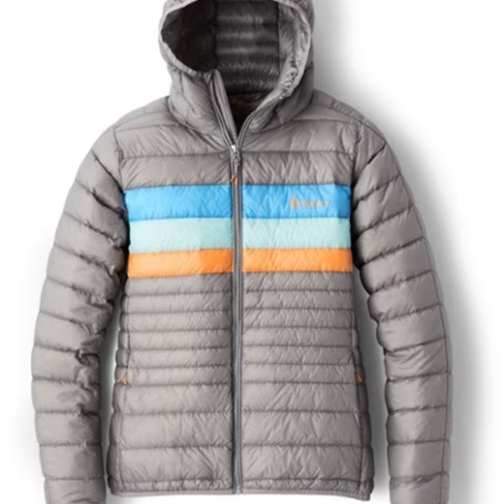 Cotopaxi Gray Puffer Jacket with Blue and Orange Accents